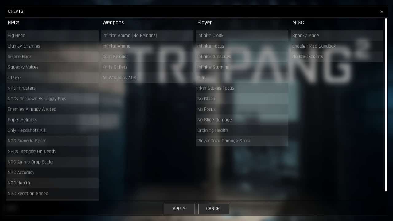 Trepang2 cheats: A display of the cheats menu in Trepang2.