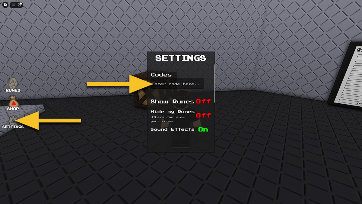 Image of the Settings screen in Triangulate on Roblox, with arrows pointing at the Settings icon and the code input text box.
