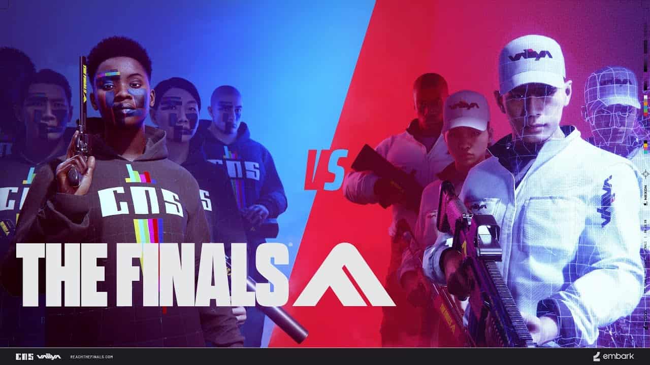 Promotional graphic for "The Finals" esports event, featuring the game mode reveal, showing two teams divided by a red and blue split, with armed characters in futuristic outfits ready to compete in Attack and