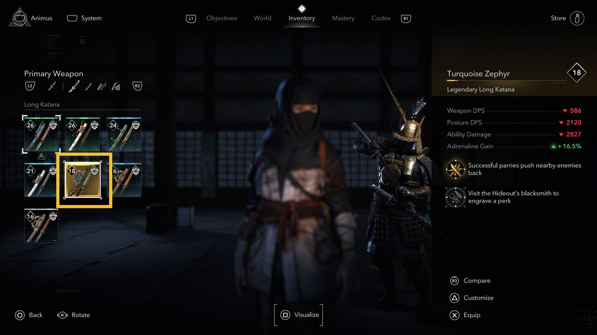 Assassin's Creed Shadows best weapons: inventory menu.