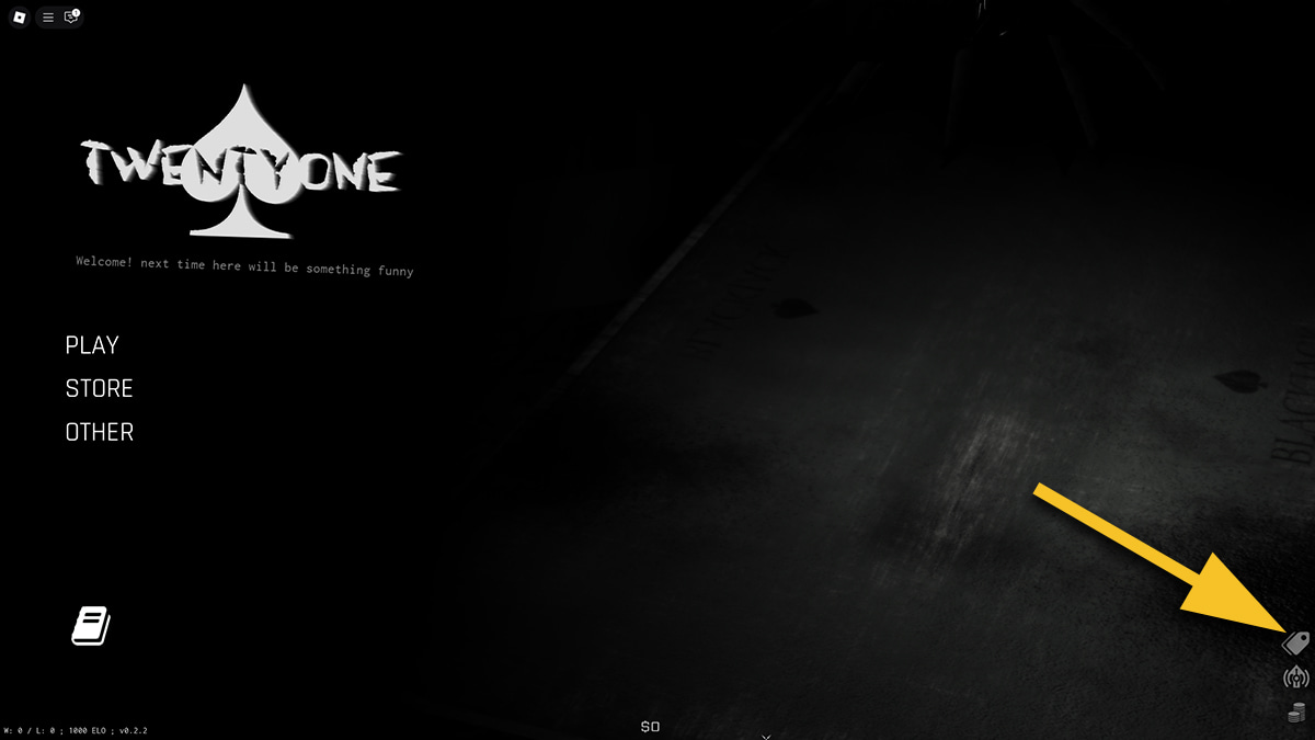 Image of the main menu in Twenty One on Roblox, with an arrow pointing at the price tag icon.