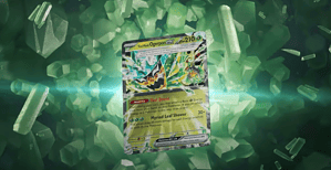 A Pokémon TCG SV Twilight Masquerade Sceptile ex trading card displayed against a background of crystalline structures.