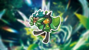 Animated Pokémon TCG SV Twilight Masquerade character with green and black costume in dynamic pose against an abstract colorful background.