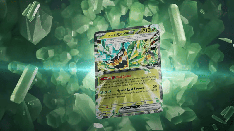 A Pokémon TCG SV Twilight Masquerade Sceptile ex trading card displayed against a background of crystalline structures.