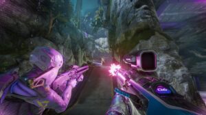 two players in pink shooting at opponent in splitgate 2