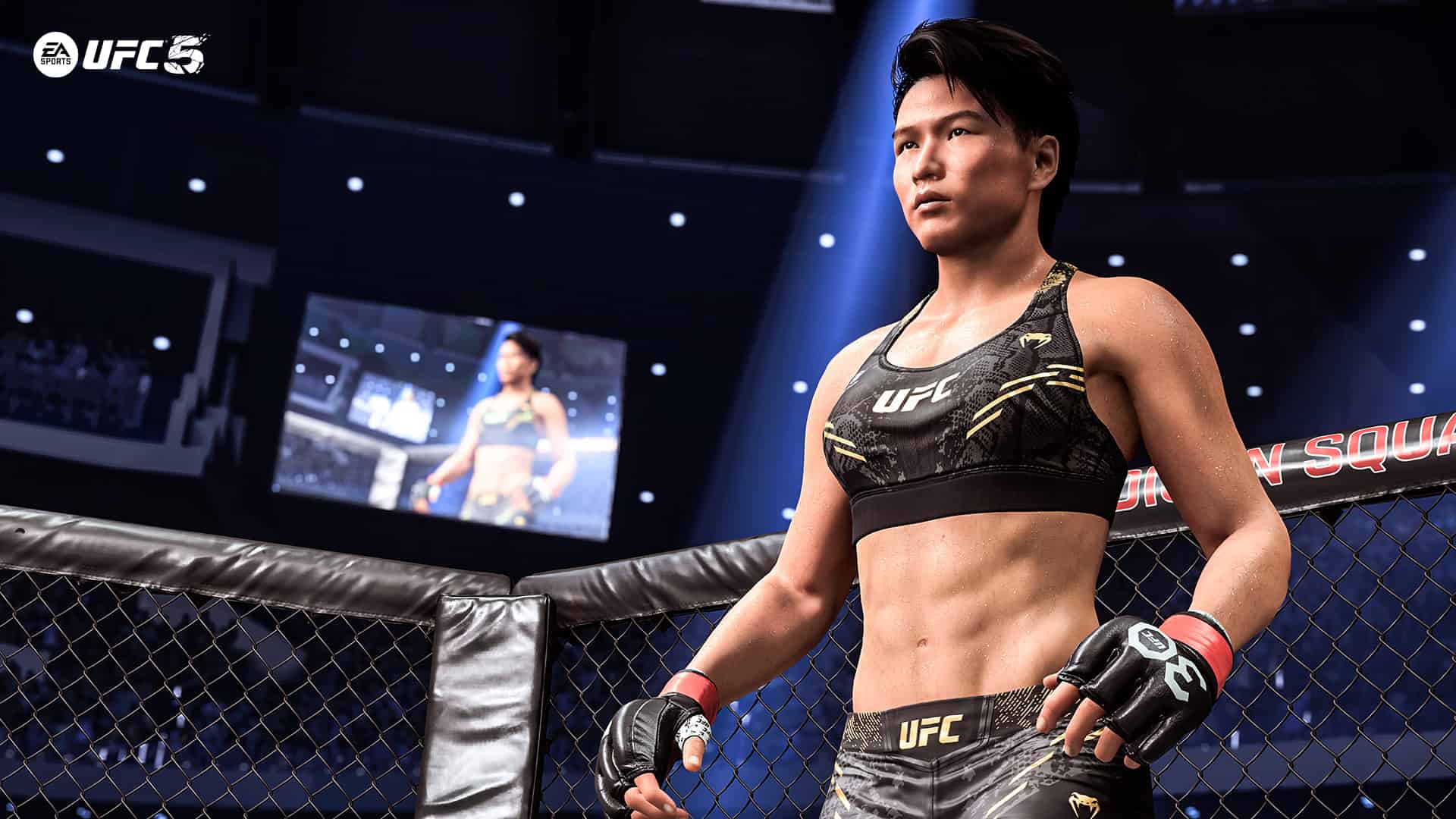 A female fighter in UFC, a cage-based video game.