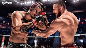 Two fighters engaged in a high-stakes UFC battle, utilizing strategies to avoid ground and pound attacks.