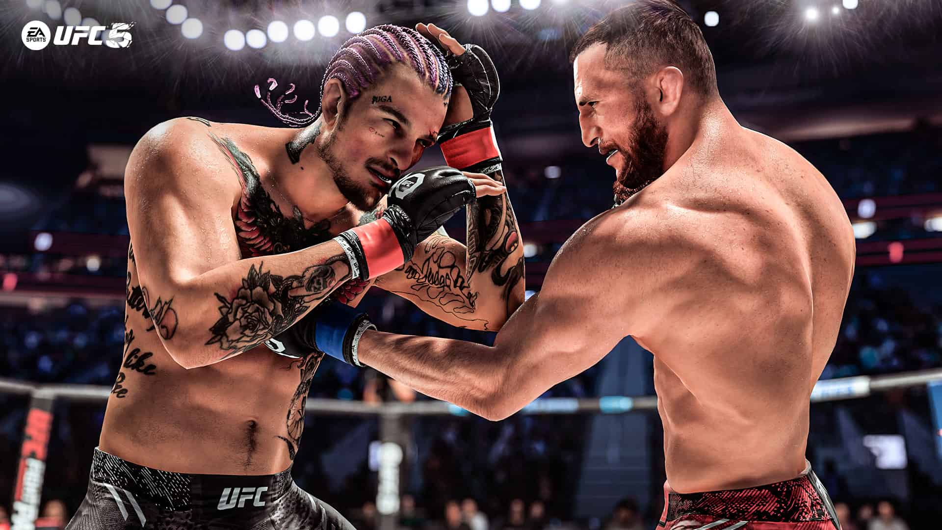 Two fighters engaged in a high-stakes UFC battle, utilizing strategies to avoid ground and pound attacks.