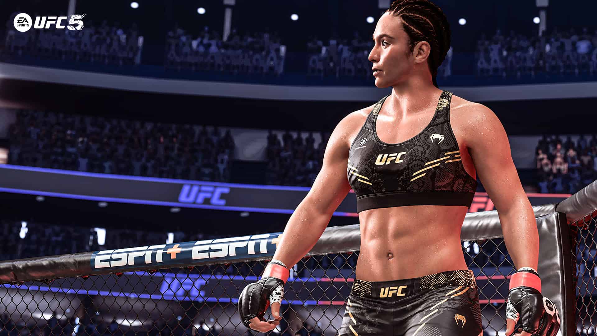 UFC 5 women's fighting game screenshot featuring elbow strikes.