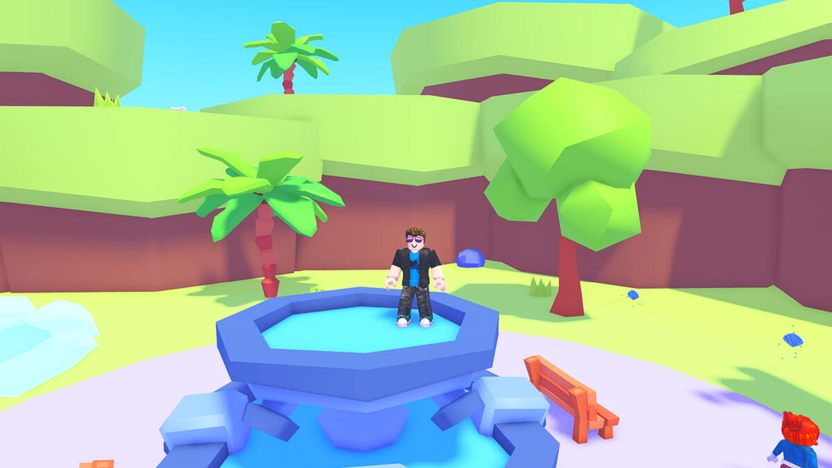 An UGC RNG player standing in a fountain, surrounded by trees.