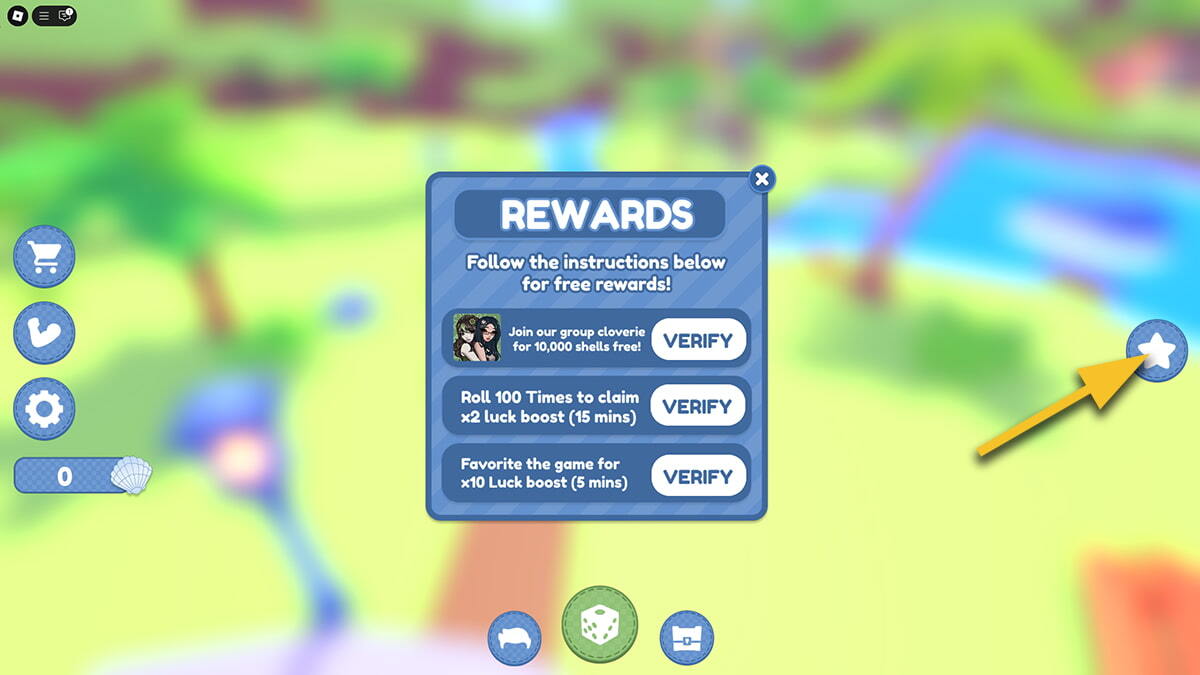 A yellow arrow points to a Star icon on the right side of the screen A Rewards menu with various tasks is open in the middle of the screen in UGC RNG.