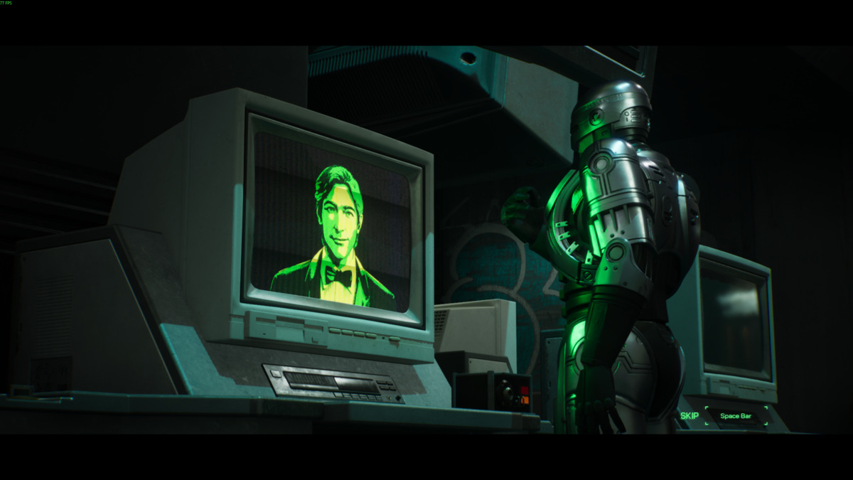 RoboCop Rogue City Unfinished Business: RoboCop in front of a computer screen.