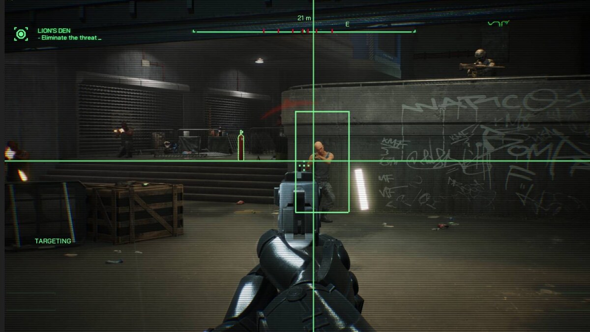 RoboCop Rogue City Unfinished Business: first-person view with a gun and enemies.