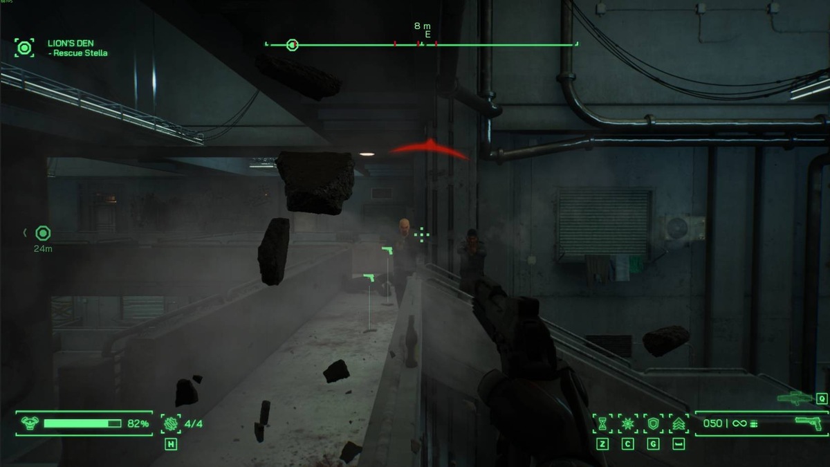 RoboCop Rogue City Unfinished Business: first-person view with a gun and enemies.