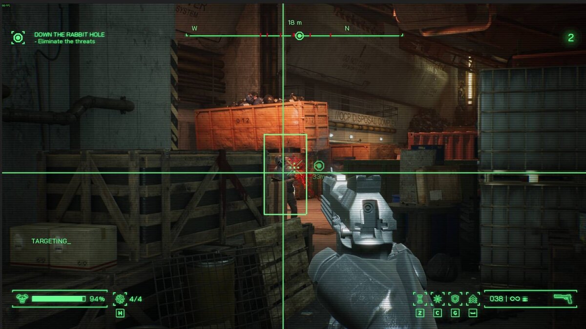RoboCop Rogue City Unfinished Business: first-person view with a gun and enemies.