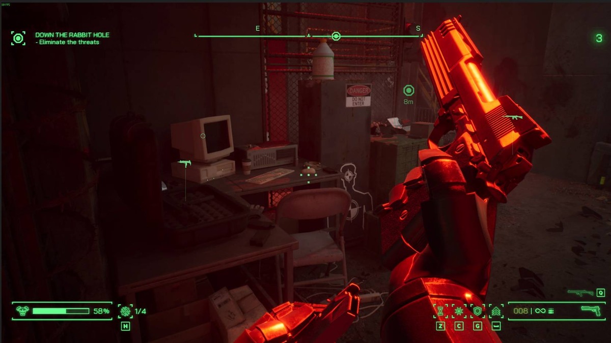 RoboCop Rogue City Unfinished Business: first-person view with a gun and enemies.
