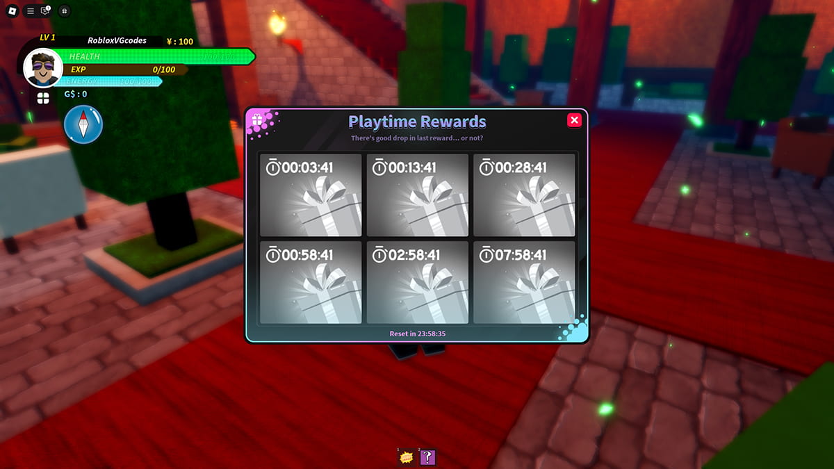 Image of the Playtime Rewards window in Universal Piece on Roblox.