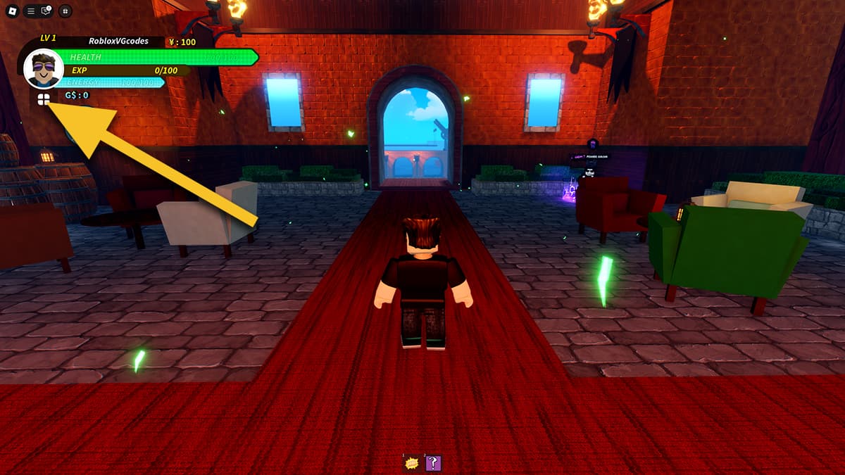 Image of the player in the lobby of Universal Piece on Roblox, with an arrow pointing at the Menu icon.