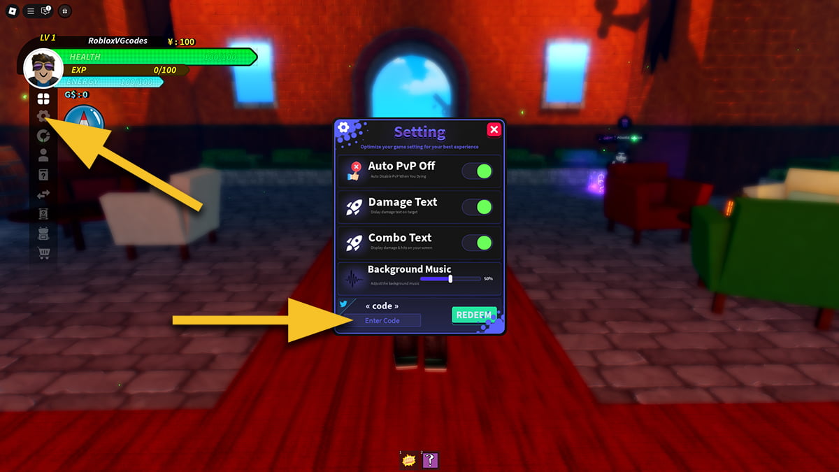 Image of the Settings window in Universal Piece on Roblox, with arrows pointing at the Settings icon and the code input text box.