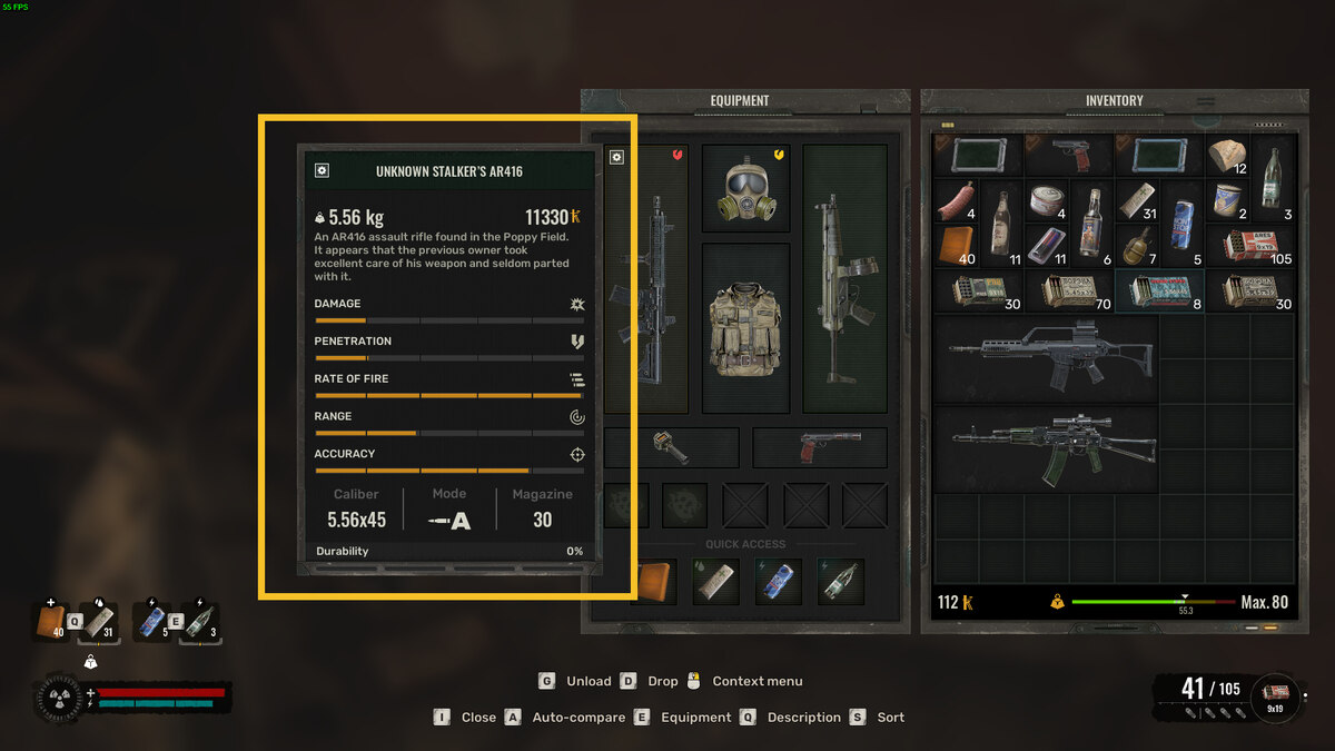 Best early game weapons in Stalker 2: inventory menu.