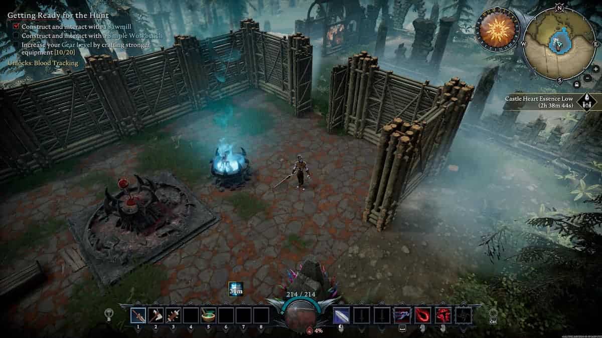 Screenshot of V Rising showing a character in a dark, eerie courtyard, equipped for battle with various weapon icons displayed on the screen.