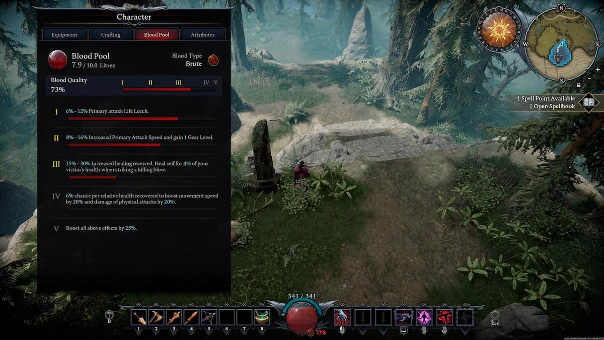 Screenshot from V Rising showing a character's blood type screen with stats and a mystical forest background.