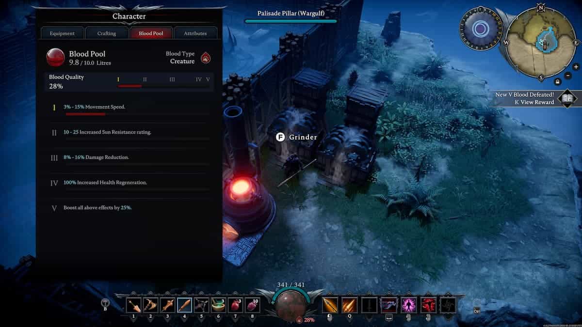 A game interface in V Rising shows a character near a grinder in front of a wooden fence, with stats and attributes of their blood pool and Creature blood quality displayed on the left side of the screen.