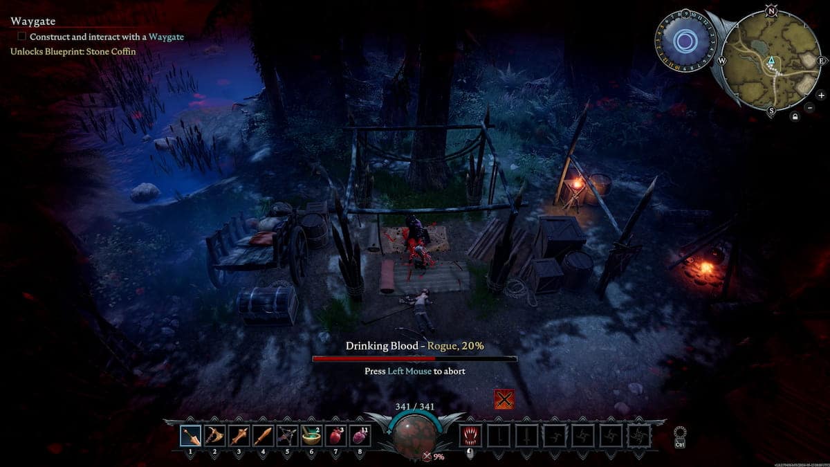 A nighttime scene in a forest with a character drinking blood from another character on a platform. The game interface includes health bar, map, and action prompts. Surrounding area features various structures and equipment, reflecting the diverse blood types essential to V Rising's gameplay mechanics.