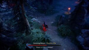 In a V Rising, a character in a dark forest drinks blood from a fallen warrior with a progress bar at 9%. The screen prompts, "Press Left Mouse to abort." The blood quality guide suggests the best types for optimum benefits.