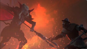 A digital artwork depicting an intense battle scene between an armored knight and a vampire in a fiery red environment.