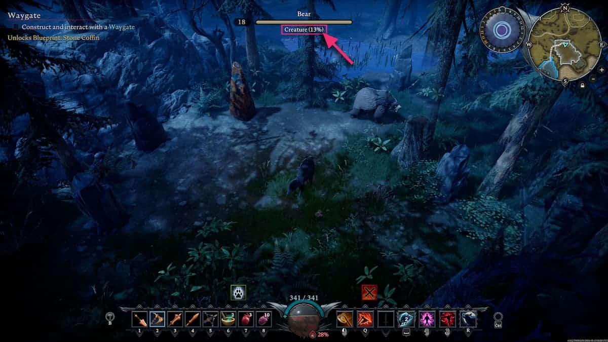 A screenshot from V Rising showing a player's character in a forested area at night, studying a bear to find out its blood type and quality. The interface includes health, buffs, and mini-map. Understanding V Rising blood types can enhance your strategy in such intense encounters.