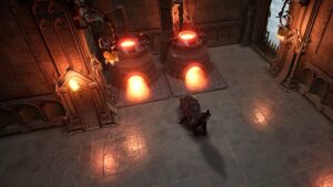 A V Rising character in wolf form stands near two glowing Furnaces inside a stone-walled room with gothic architecture, while waiting to get Copper Ingots.