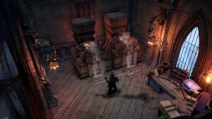 A character in V Rising stands in a medieval-style room made of stone bricks, in front of two Grinders waiting for Stone Blocks to produce.