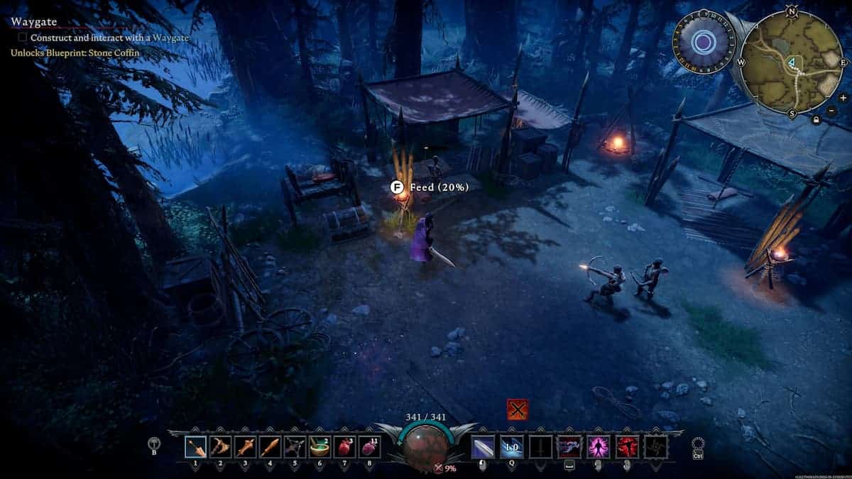 A nighttime scene in a forest settlement from V Rising. A character battles in a campsite, ready to feed on an opponent.
