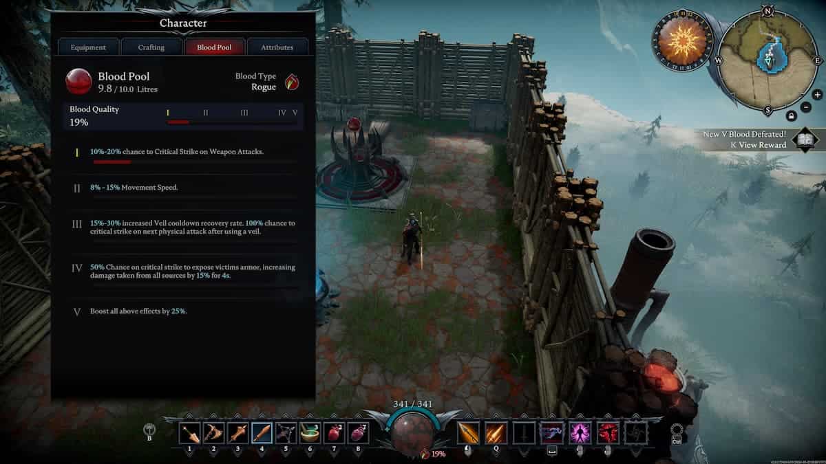 A game interface in V Rising showcases a character's blood pool stats with Rogue blood quality and effects. The character stands in a misty, grassy walled area. Blood types can be seen alongside the health bar and other game elements are visible on the screen.