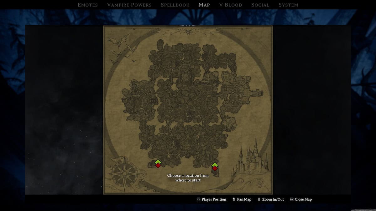 Screenshot of V Rising's video game map interface displayed as an ancient parchment, featuring a detailed layout of a fantasy town and an instruction to choose a location to start.