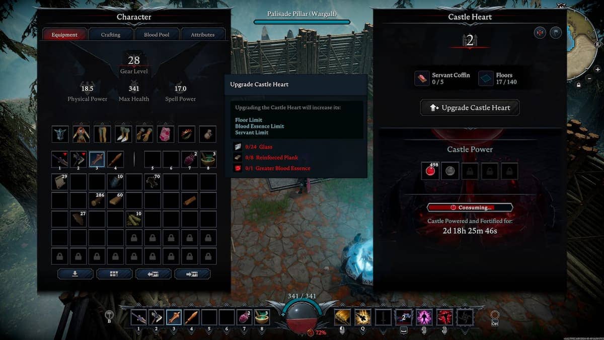 Screenshot of a V Rising game interface showing character equipment, statistics, and an upgrade panel for a "Castle Heart" with timers and power levels.