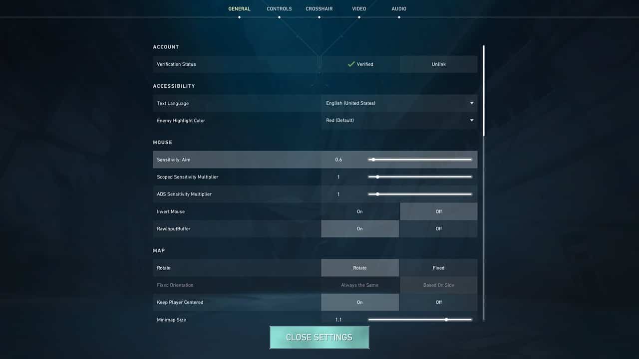 Valorant best sensitivity and DPI settings: An image of a player checking their in-game settings. Image captured by VideoGamer.