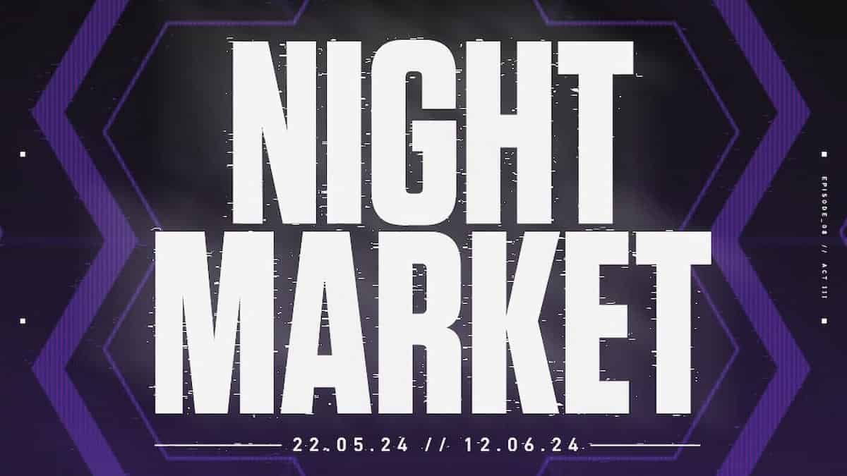 Graphic poster with the text "Valorant Night Market" in bold letters, dates "22.05.24 / 12.06.24" below, featured on a purple hexagonal background.