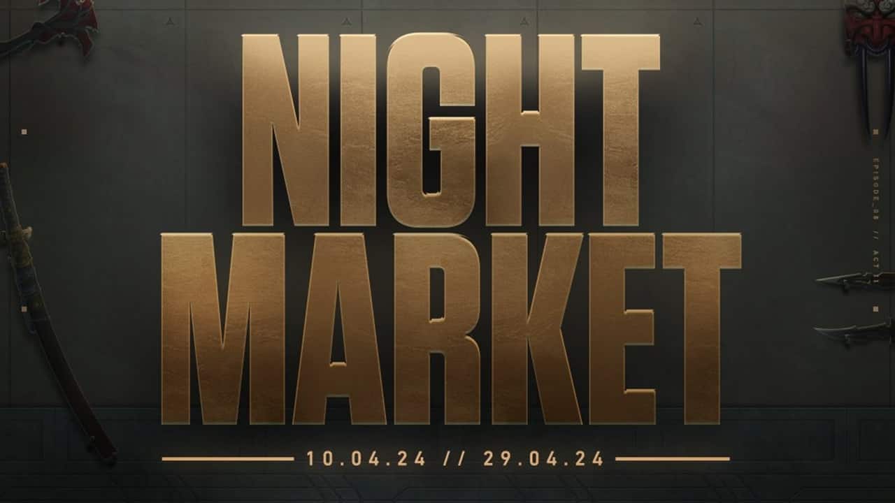 Valorant Night Market: Promotional graphic with dates and themed weapons. Image via Riot Games.