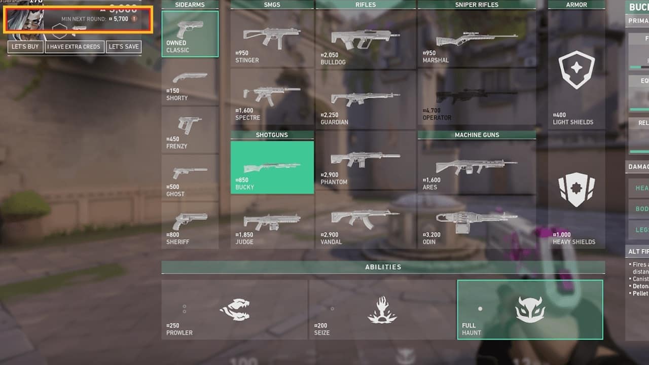 Valorant tips and tricks:  the buy menu in valorant game with the next round amount highlighted. Image captured by VideoGamer.