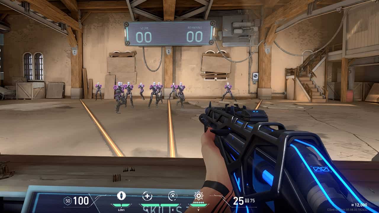 Valorant tips and tricks: An image of a player aiming their gun at bots in the game. Image captured by VideoGamer.