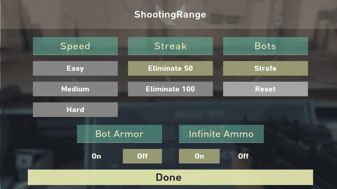 Valorant tips and tricks: An image of the Shooting range settings in the game. Image captured by VideoGamer.