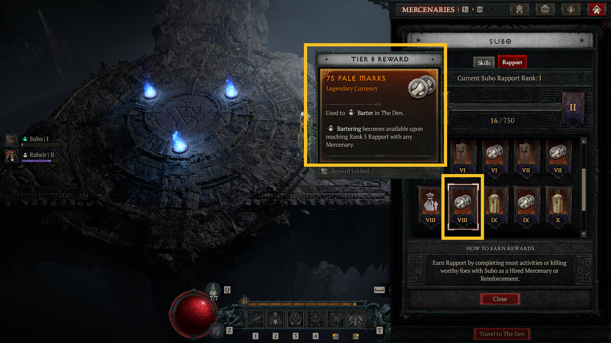 Diablo 4 Vessel of Hatred Pale Marks: Mercenary rapport menu in The Den.