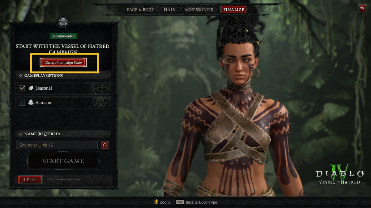 How to start Diablo 4 Vessel of Hatred: character creator menu.