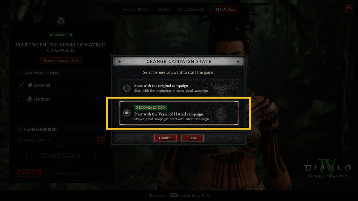 How to start Diablo 4 Vessel of Hatred: character creator menu.