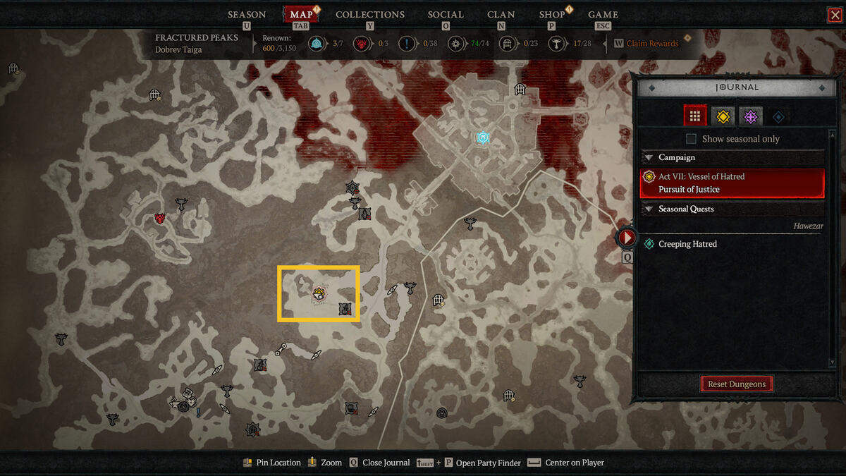 How to start Diablo 4 Vessel of Hatred: map of the Fractured Peaks.