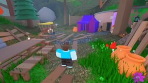 A Roblox character standing the forest in Vesteria.