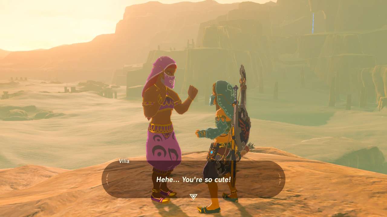 Tears of the Kingdom queer representation: Link talking to Vilia atop a rock as Vilia calls Link cute.
