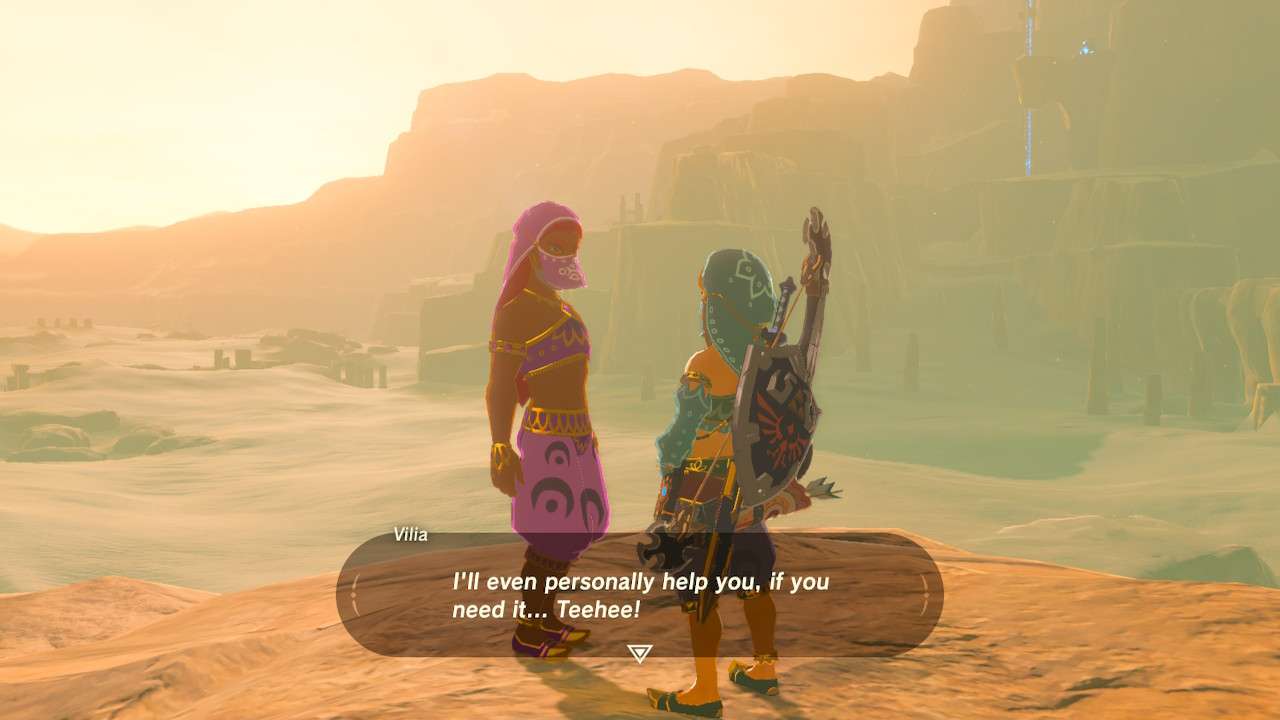 Tears of the Kingdom queer representation: Vilia telling Link they'll help him get into Gerudo Town.